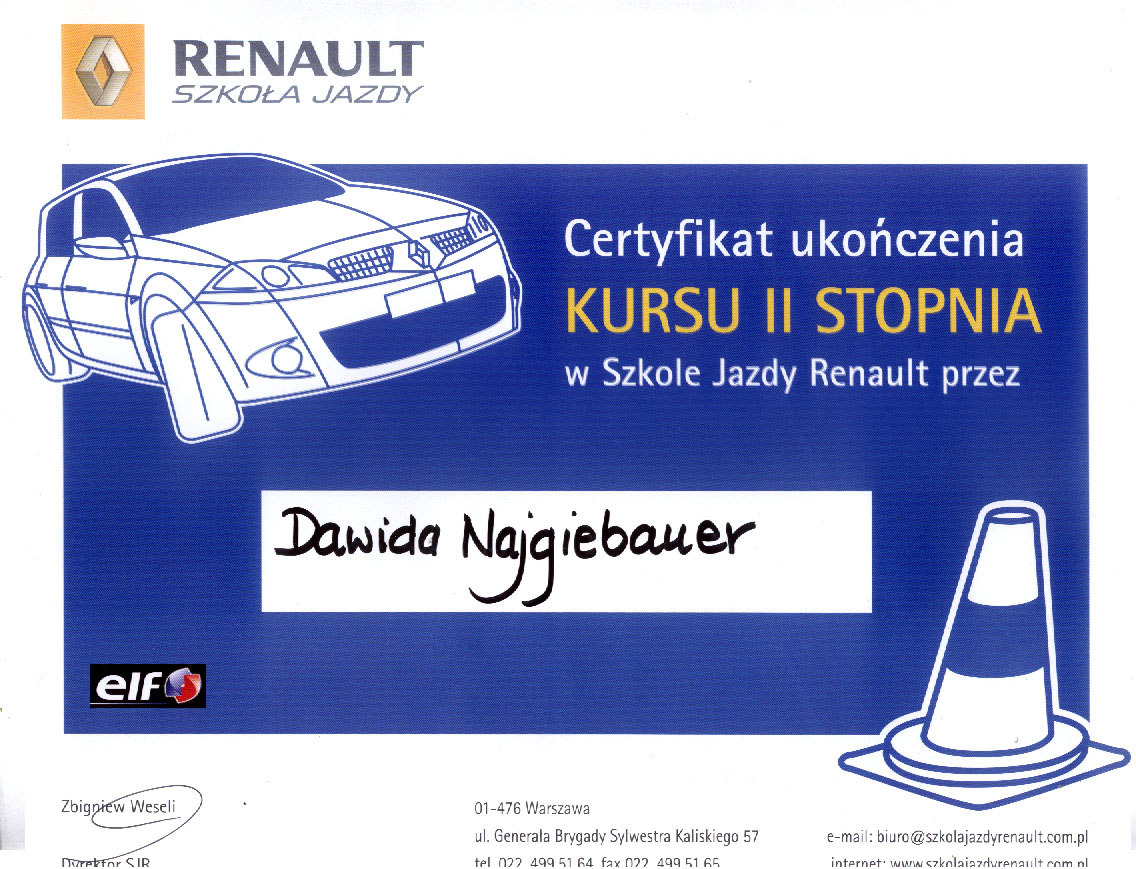 Dyplom ukończenia szkolenia II stopnia w Szkole Jazdy Renault